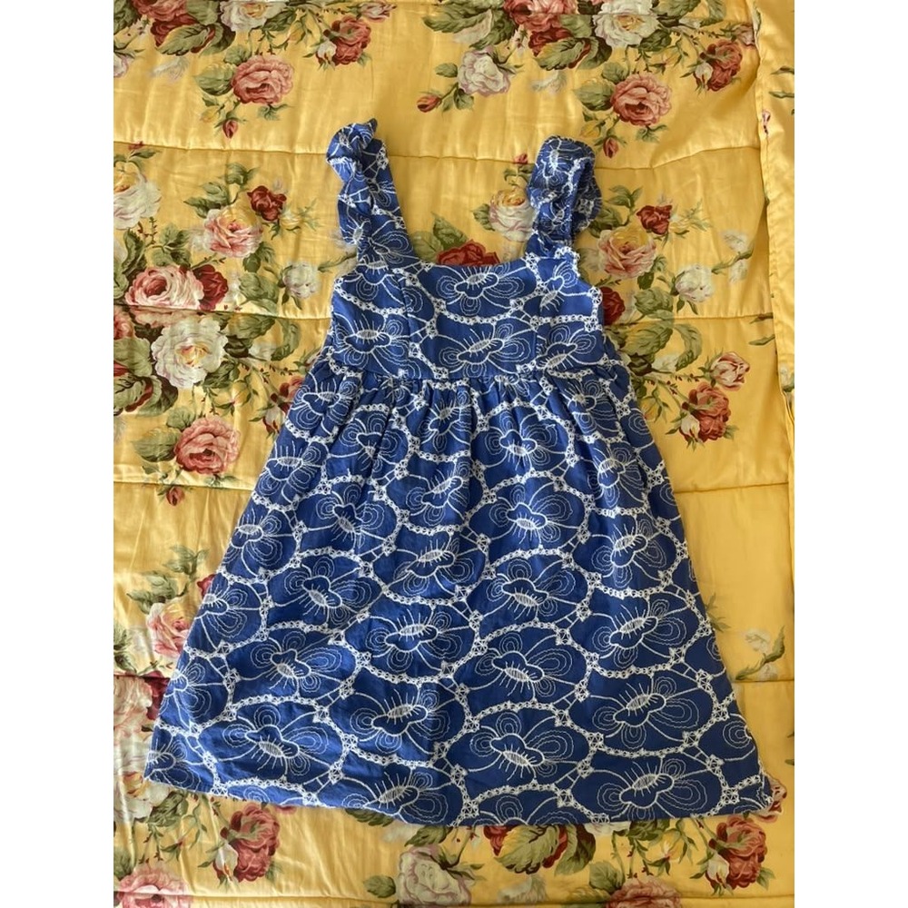Japna Girls Blue White Floral Embroidered Ruffle Strap Cotton Sundress Size 8
